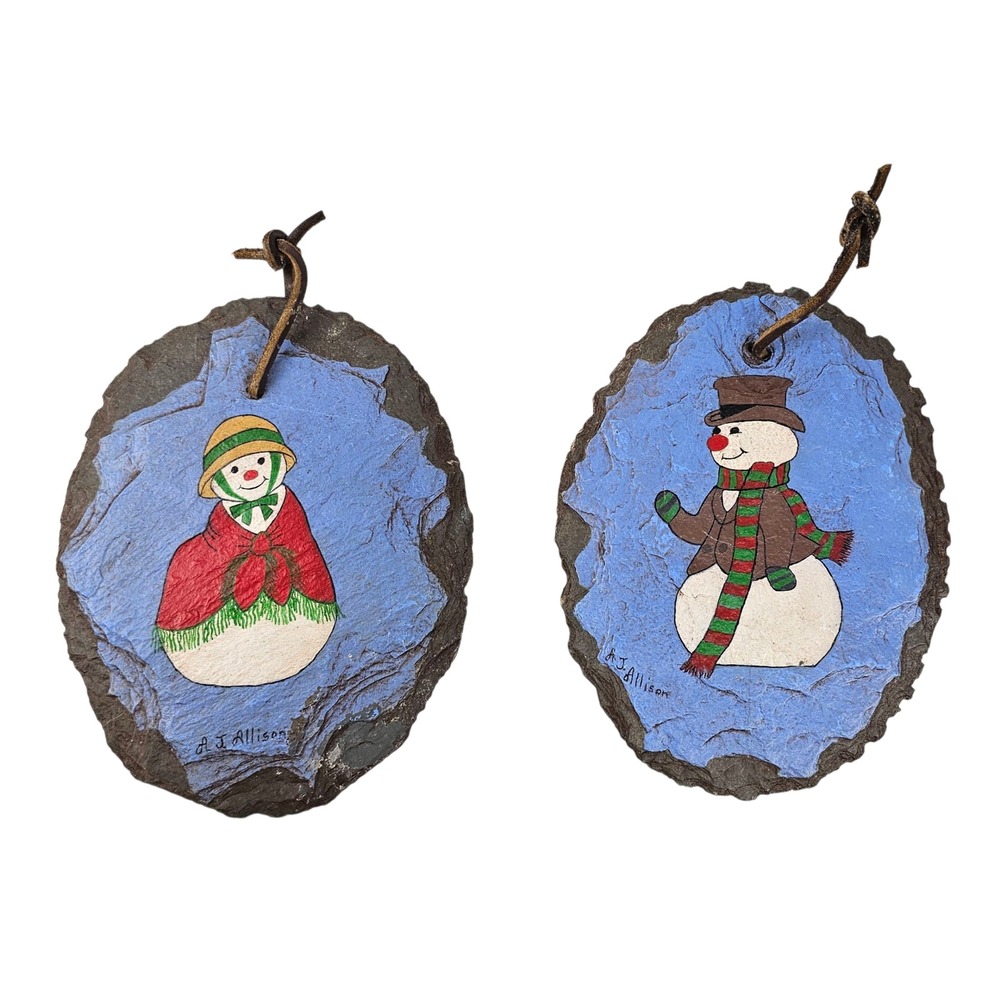 2Vtg Hand Painted Signed Snowman Couple Slate Ornaments Folk Art Christmas Decor